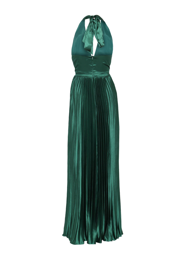 Celia Emerald-Green Pleated Satin Halterneck Maxi-Dress