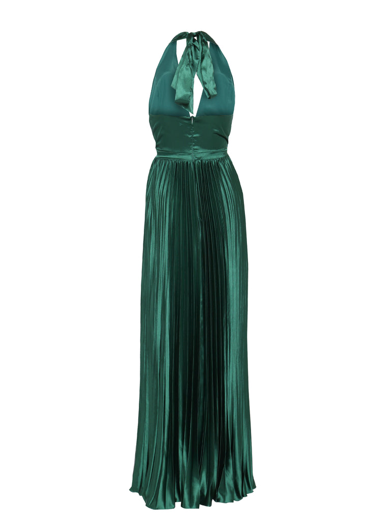 Celia Emerald-Green Pleated Satin Halterneck Maxi-Dress - True Decadence Celia Emerald-Green Pleated Satin Halterneck Maxi-Dress - True Decadence