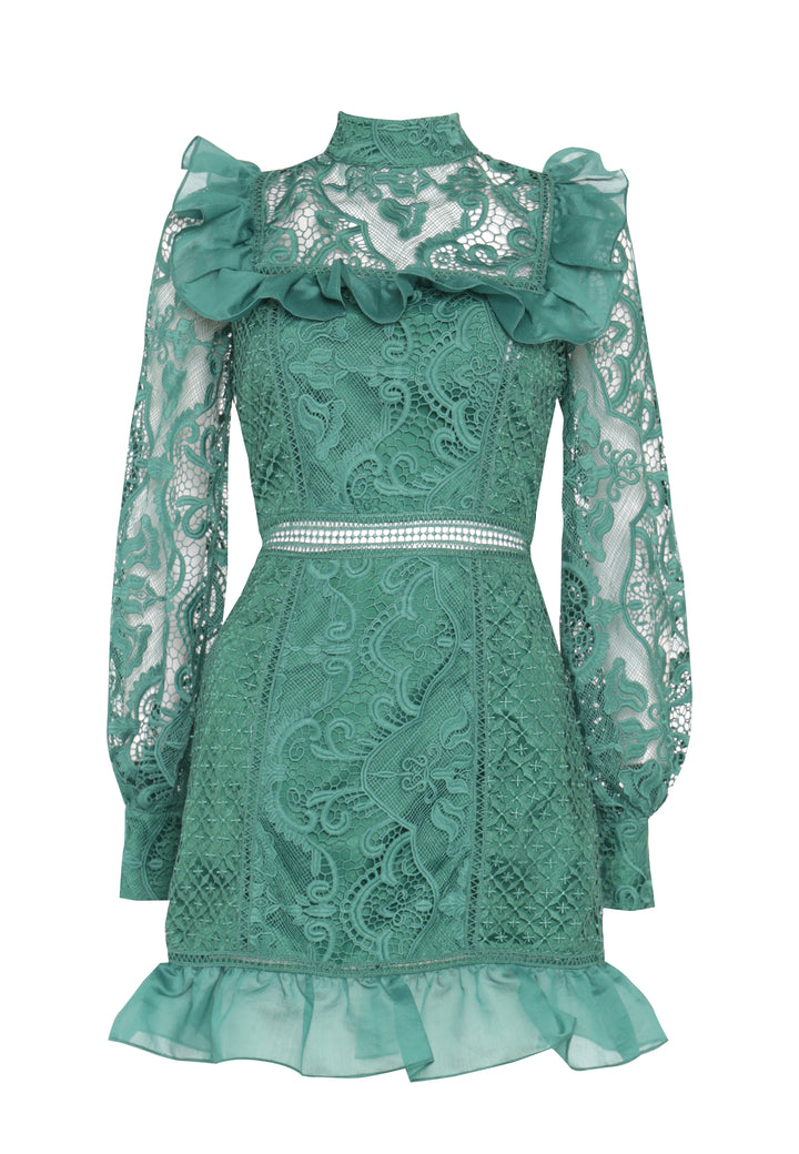 Lorene Emerald Green Lace Long-Sleeve Mini-Dress