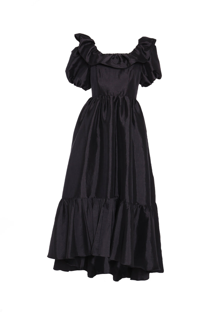 Reagan Black Taffeta Square-Neck Tiered Midaxi-Dress