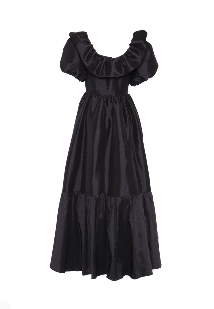 Reagan Black Taffeta Square-Neck Tiered Midaxi-Dress
