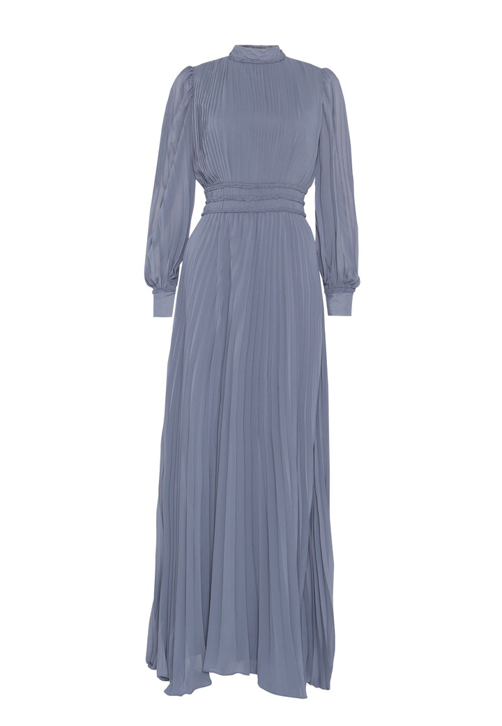 Maria Steel Blue Pleated Long-Sleeve Maxi-Dress