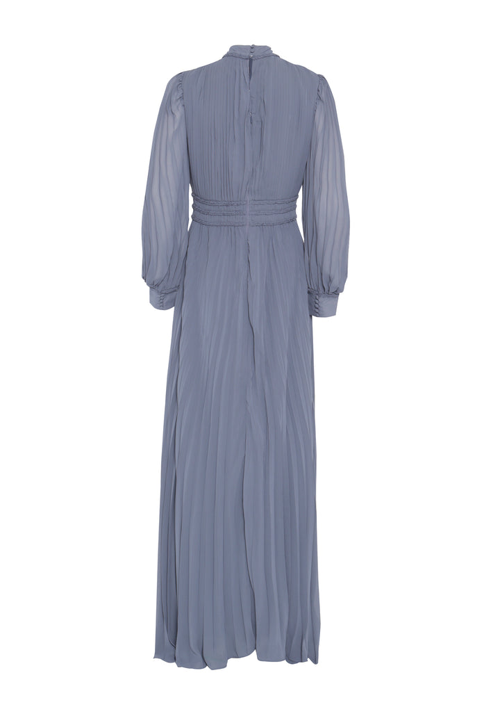 Maria Steel Blue Pleated Long-Sleeve Maxi-Dress