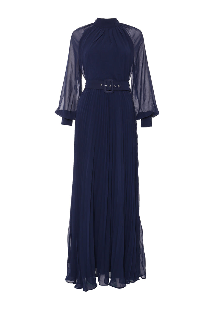 Mabel Navy Belted Pleated Long-Sleeve Maxi-Dress - True Decadence Mabel Navy Belted Pleated Long-Sleeve Maxi-Dress - True Decadence