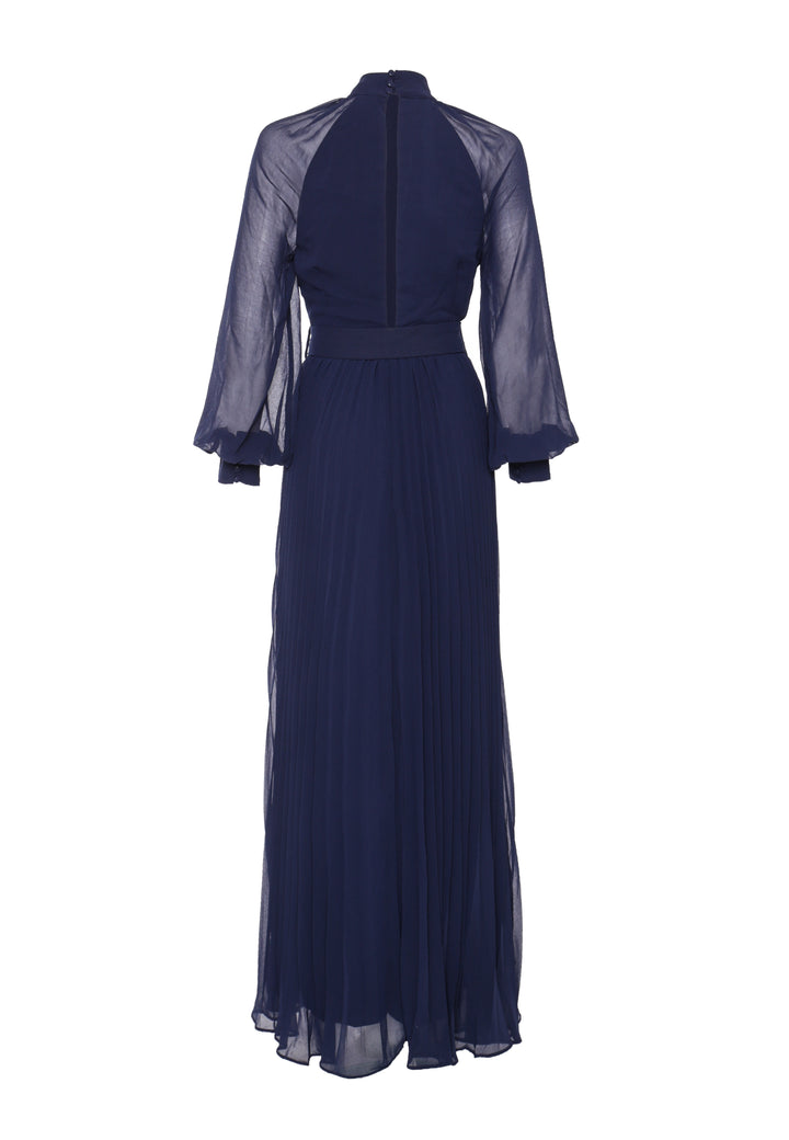 Mabel Navy Belted Pleated Long-Sleeve Maxi-Dress - True Decadence Mabel Navy Belted Pleated Long-Sleeve Maxi-Dress - True Decadence