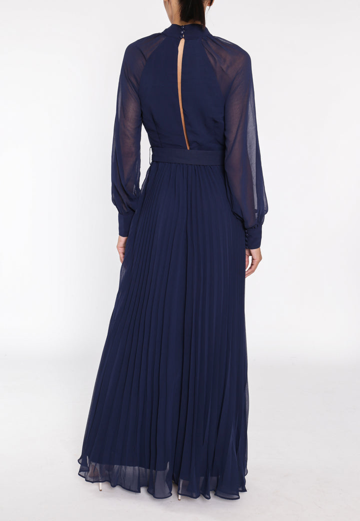Mabel Navy Belted Pleated Long-Sleeve Maxi-Dress