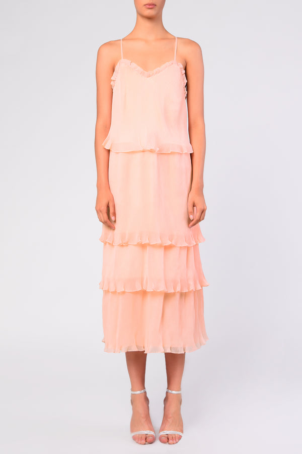 Pale Pink Organza Pleated Tiered Midaxi Dress