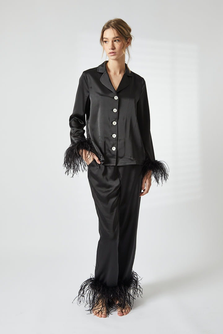 Black Satin Feather Pyjama Set