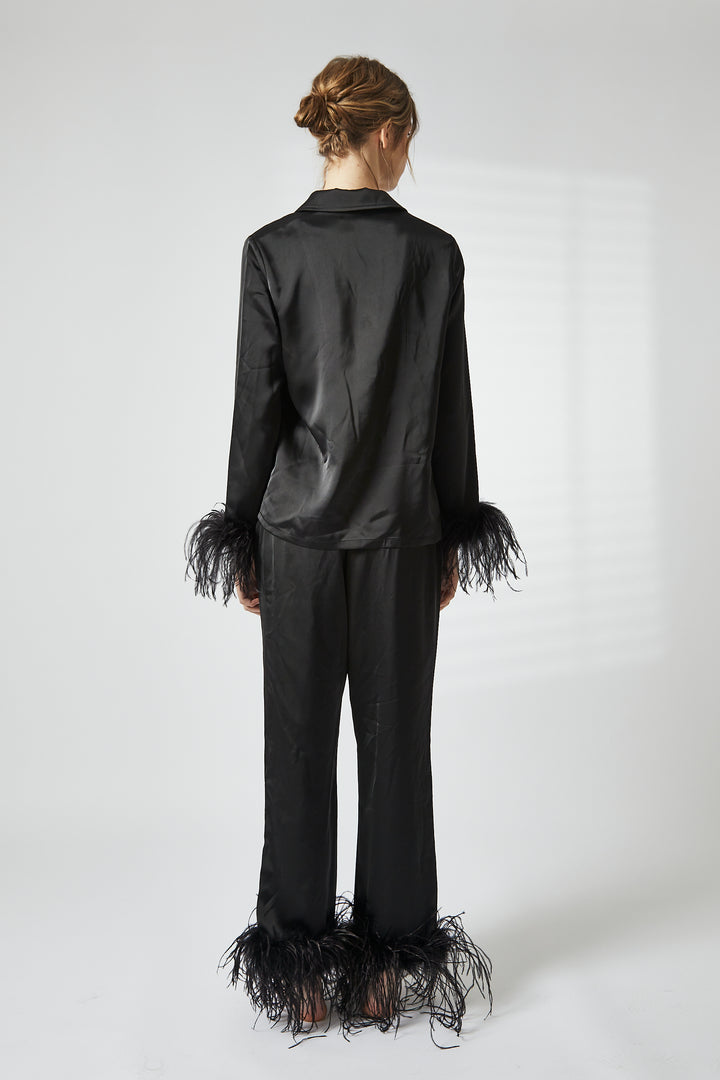 Black Satin Feather Pyjama Set