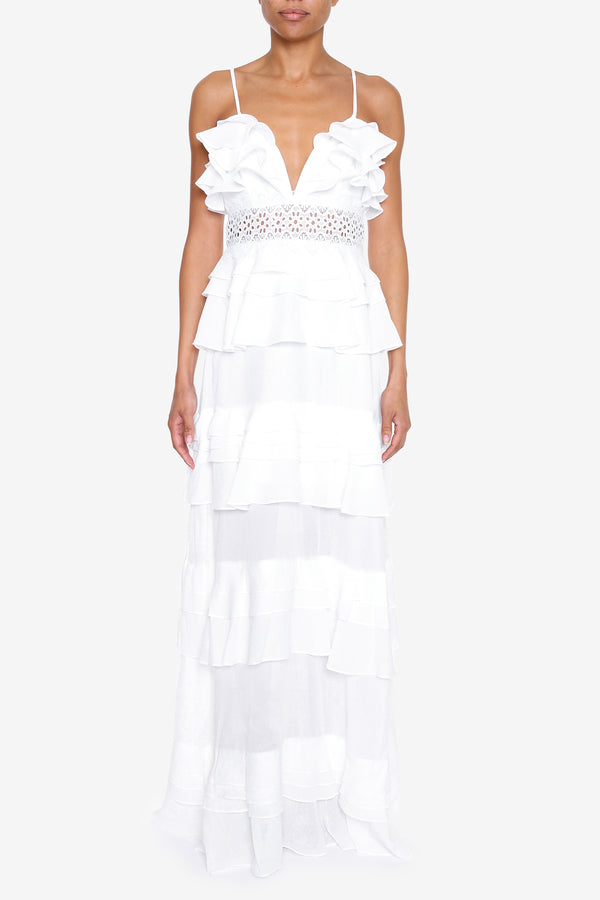 Sophia White Plunge Front Tiered Ruffle Maxi-Dress