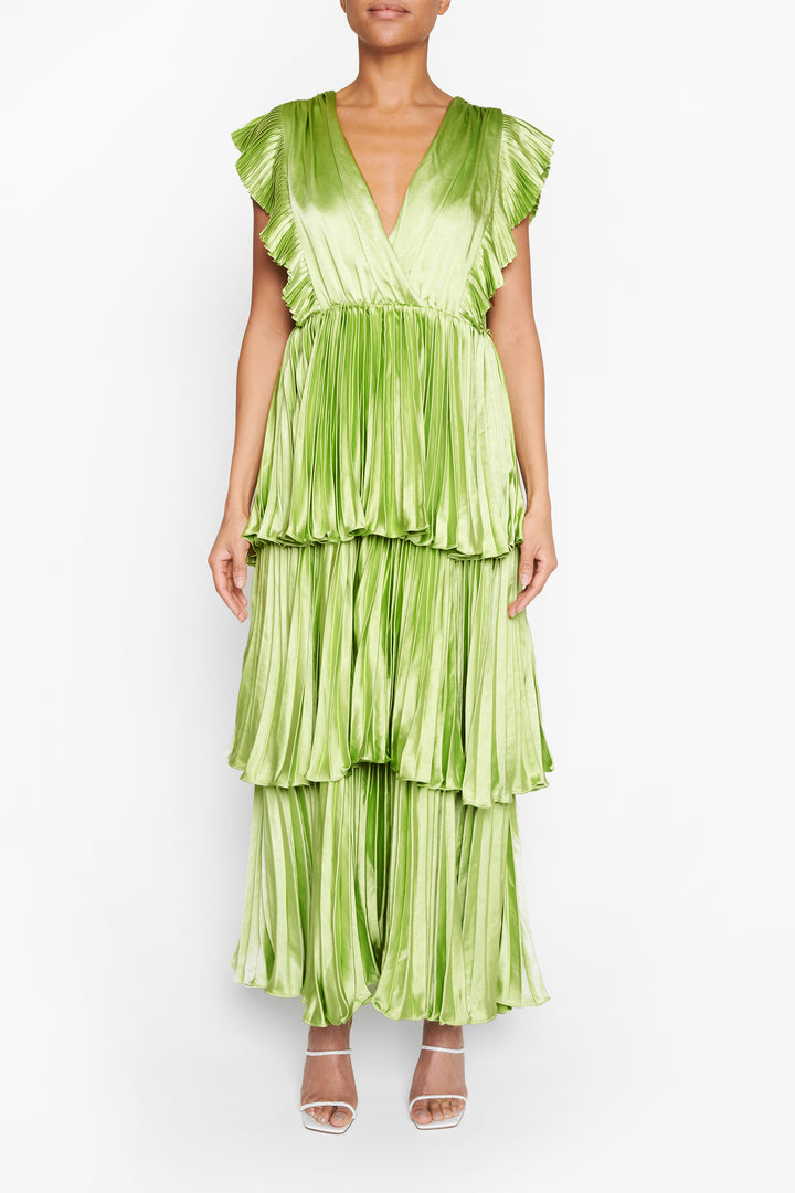 Lime Satin Pleated Tiered Midaxi Dress