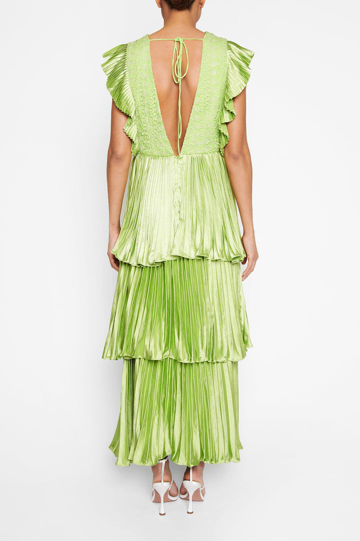 Lime Satin Pleated Tiered Midaxi Dress