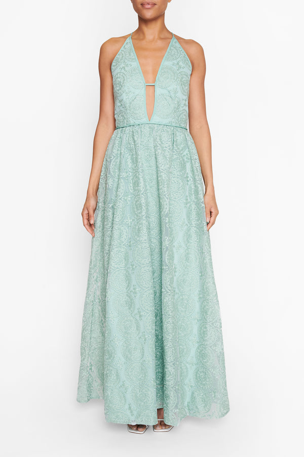 Matilda Dusty-Green Embroidery Plunge-Front Cross-Back Maxi-Dress