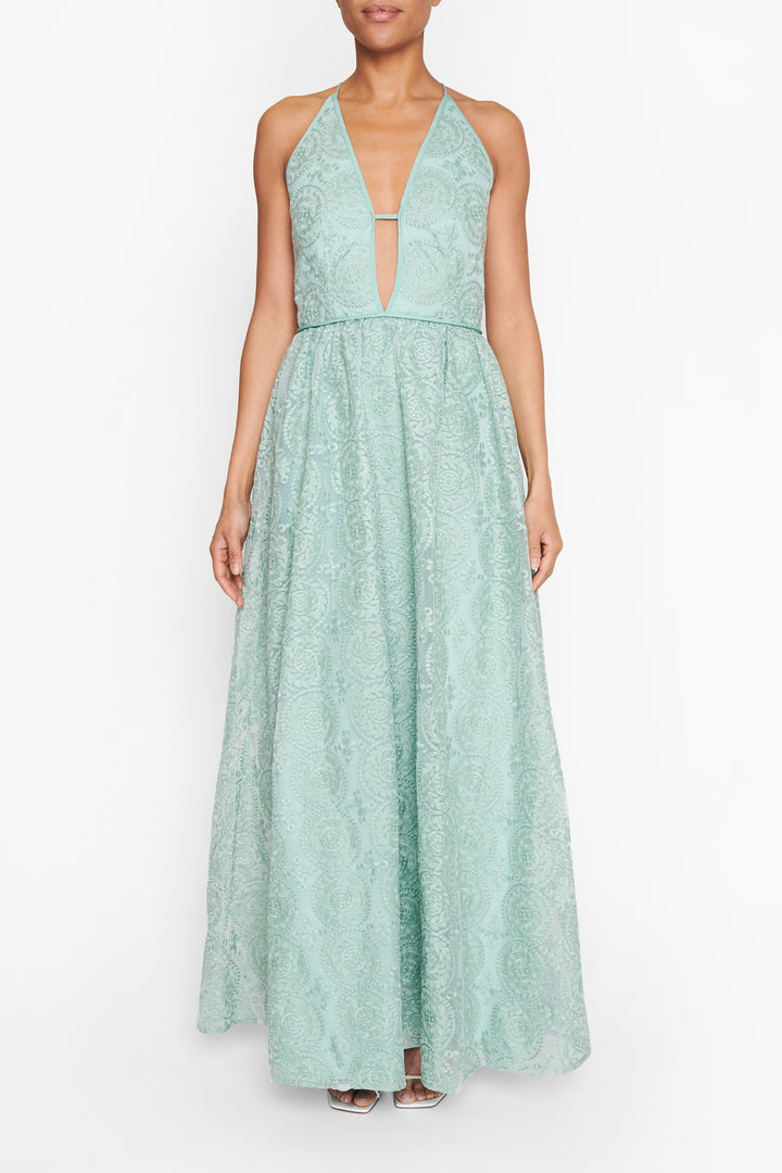 Matilda Dusty-Green Embroidery Plunge-Front Cross-Back Maxi-Dress - True Decadence Matilda Dusty-Green Embroidery Plunge-Front Cross-Back Maxi-Dress - True Decadence