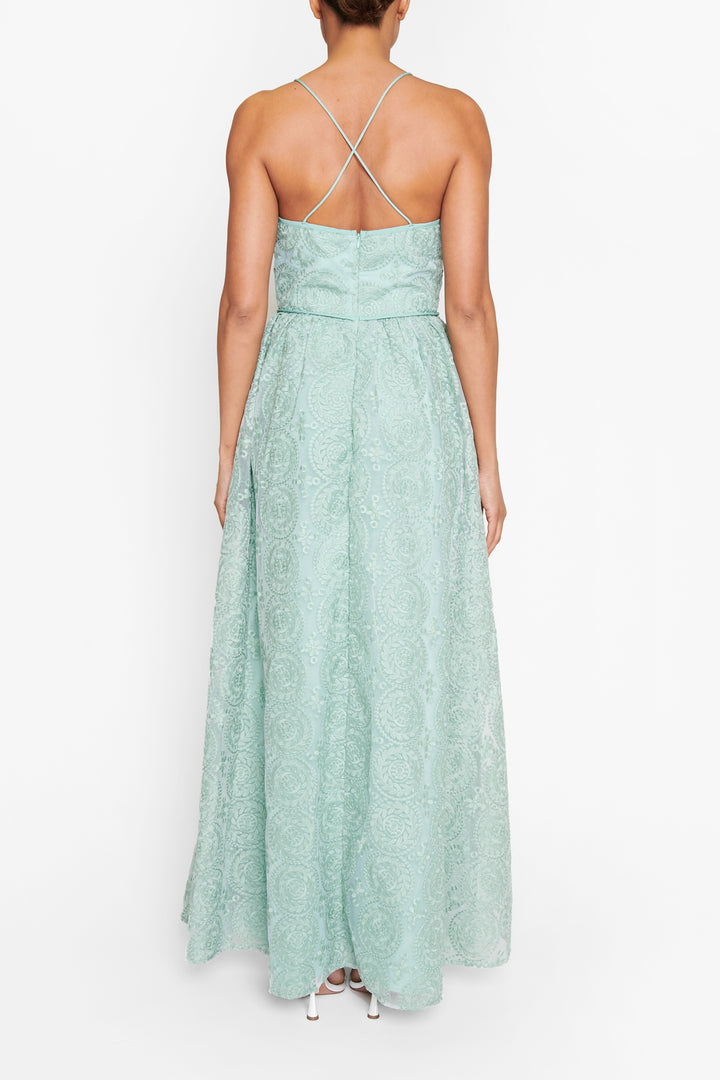 Matilda Dusty-Green Embroidery Plunge-Front Cross-Back Maxi-Dress