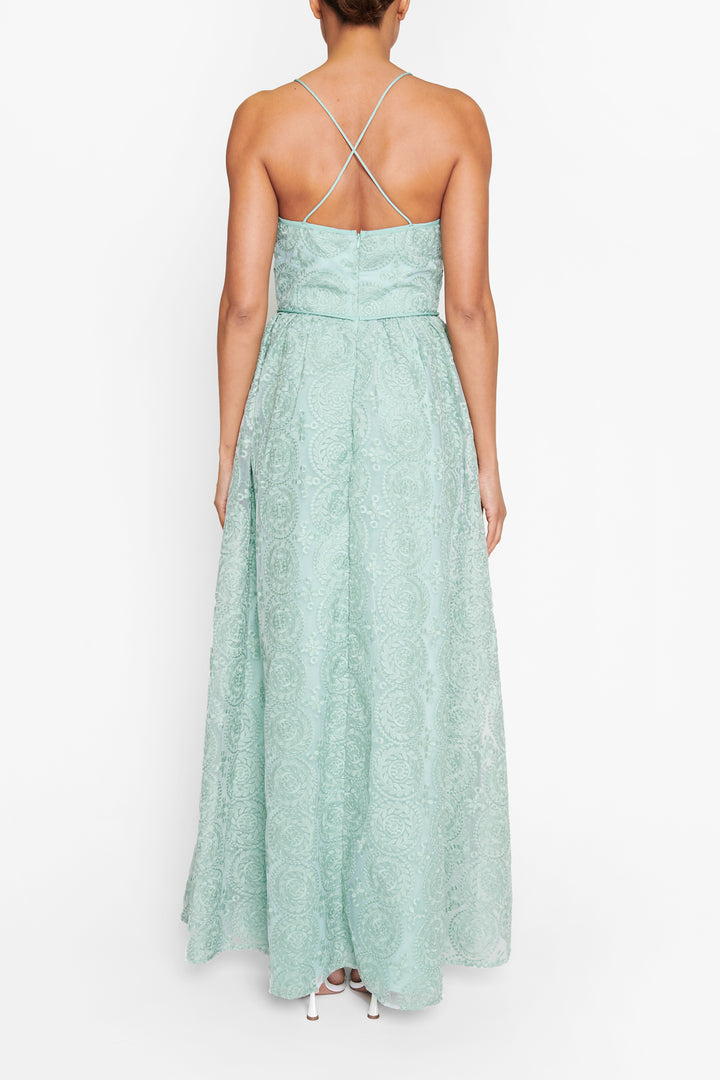 Matilda Dusty-Green Embroidery Plunge-Front Cross-Back Maxi-Dress - True Decadence Matilda Dusty-Green Embroidery Plunge-Front Cross-Back Maxi-Dress - True Decadence
