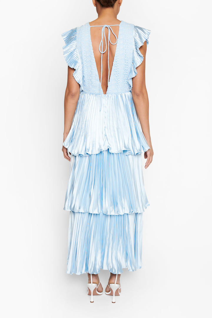 Beatrice Blue Satin Pleated Tiered Dress