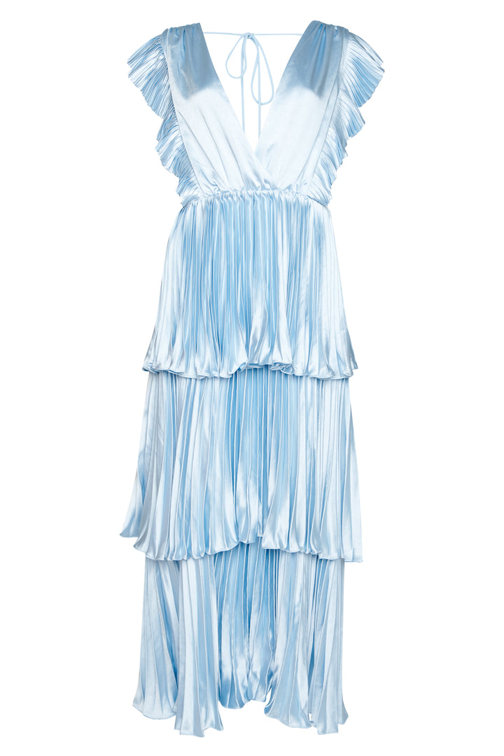 Beatrice Blue Satin Pleated Tiered Dress - True Decadence Beatrice Blue Satin Pleated Tiered Dress - True Decadence