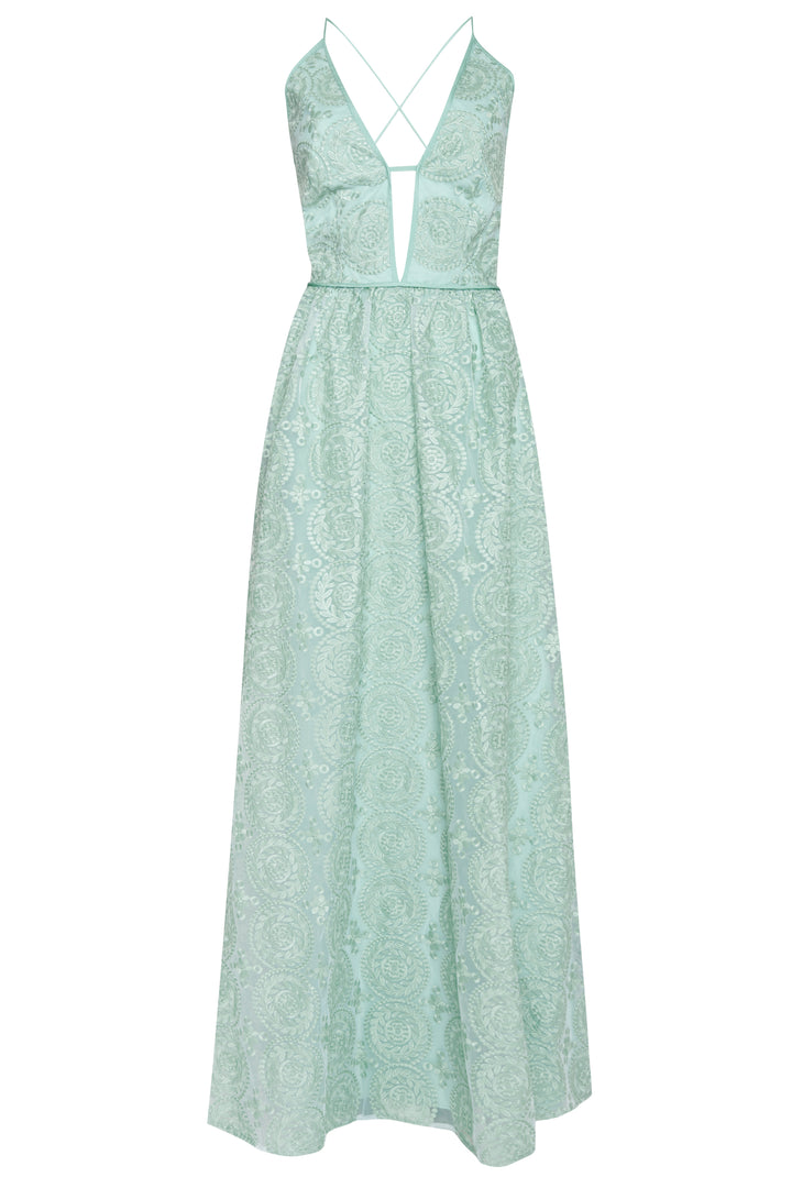 Matilda Dusty-Green Embroidery Plunge-Front Cross-Back Maxi-Dress - True Decadence Matilda Dusty-Green Embroidery Plunge-Front Cross-Back Maxi-Dress - True Decadence