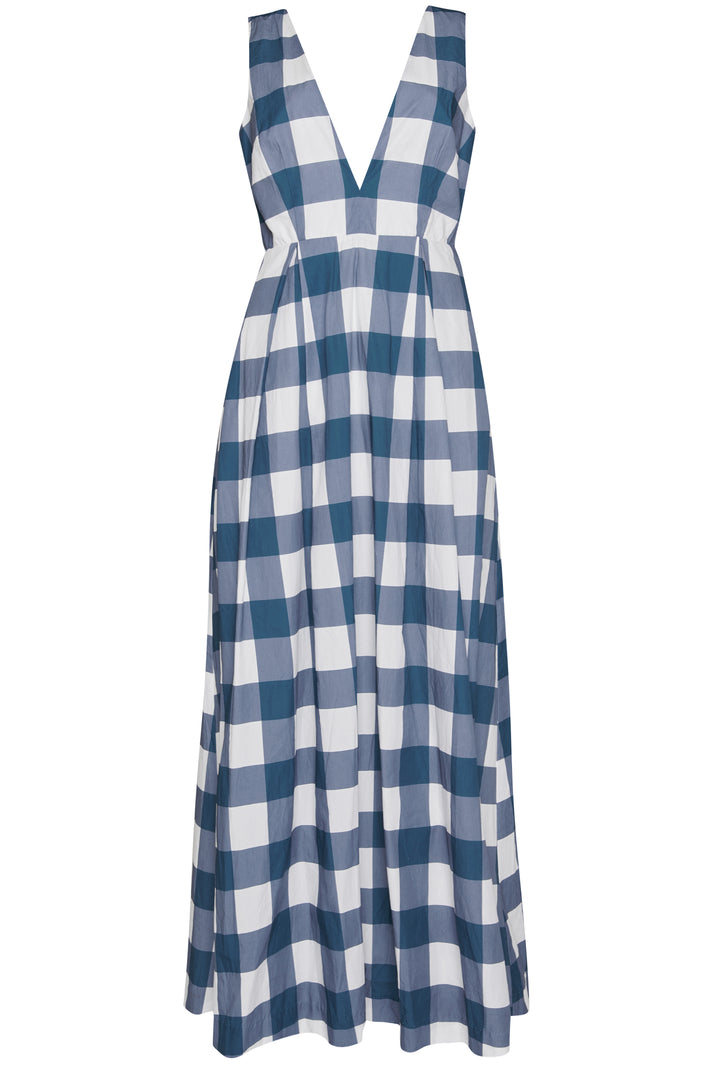 Louise Petrol Blue Check Plunging Back Maxi-Dress