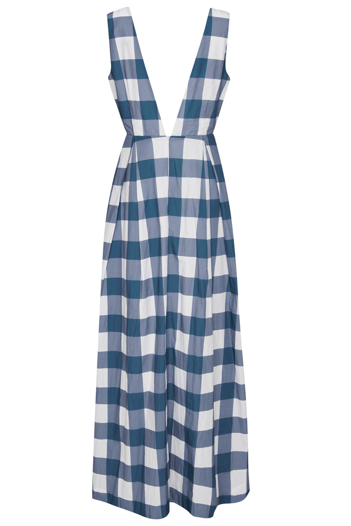 Louise Petrol Blue Check Plunging Back Maxi-Dress