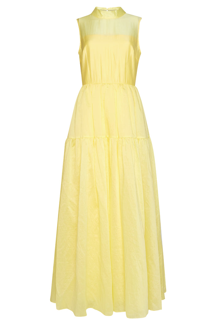 Julia Pale-Yellow High-Neck Full Skirt Maxi-Dress