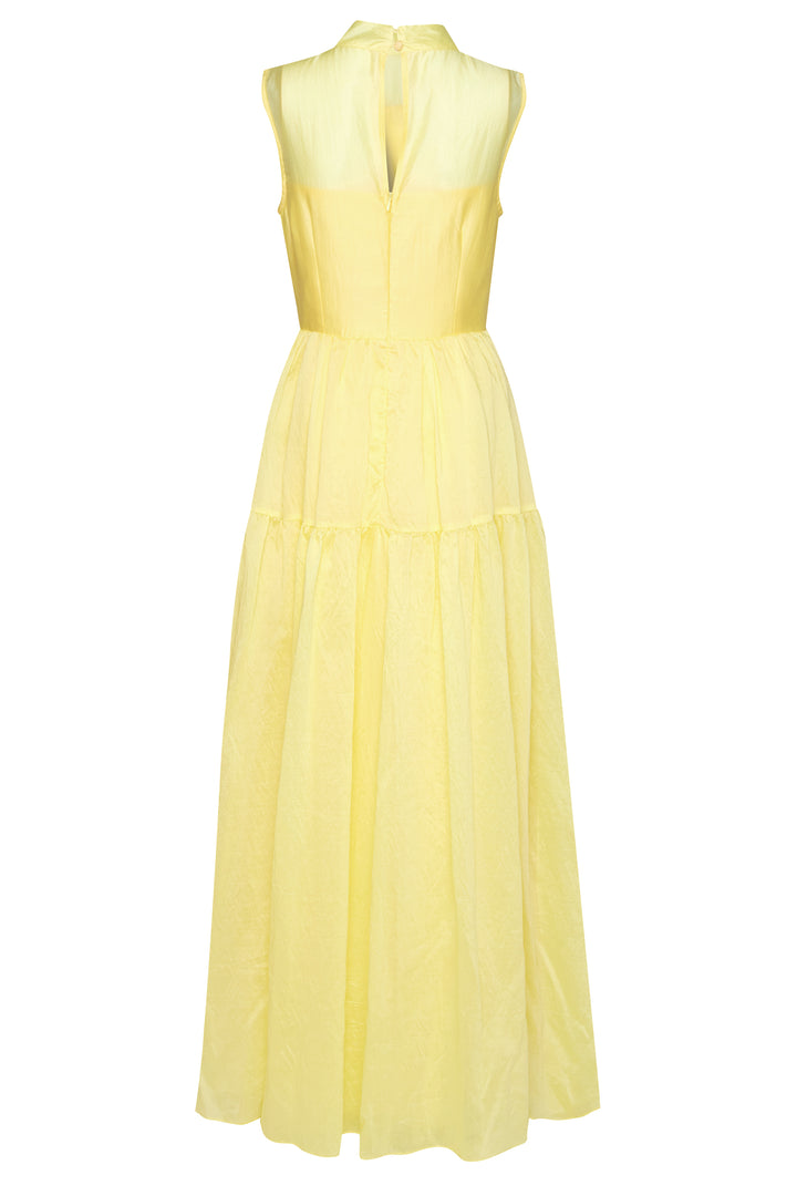 Julia Pale-Yellow High-Neck Full Skirt Maxi-Dress
