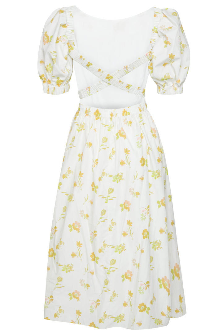 Stella Cream-Yellow-Floral Open Cross-Back Puff-Sleeve Midi-Dress - True Decadence Stella Cream-Yellow-Floral Open Cross-Back Puff-Sleeve Midi-Dress - True Decadence