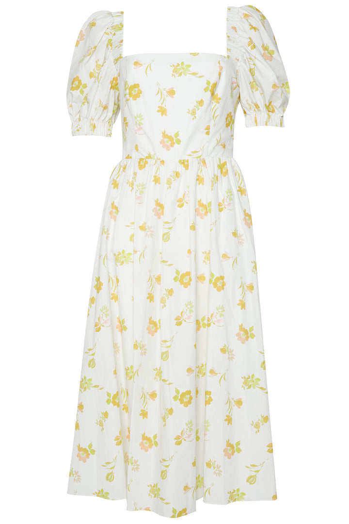 Stella Cream-Yellow-Floral Open Cross-Back Puff-Sleeve Midi-Dress