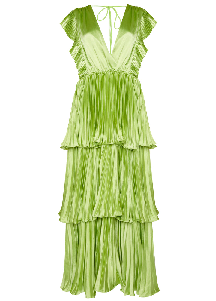 Lime Satin Pleated Tiered Midaxi Dress