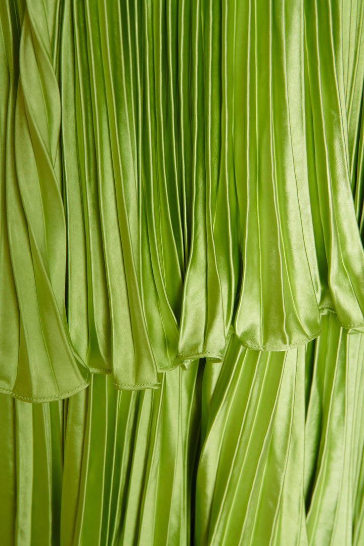 Lime Satin Pleated Tiered Midaxi Dress