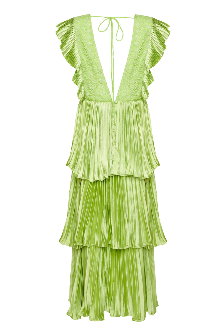 Lime Satin Pleated Tiered Midaxi Dress