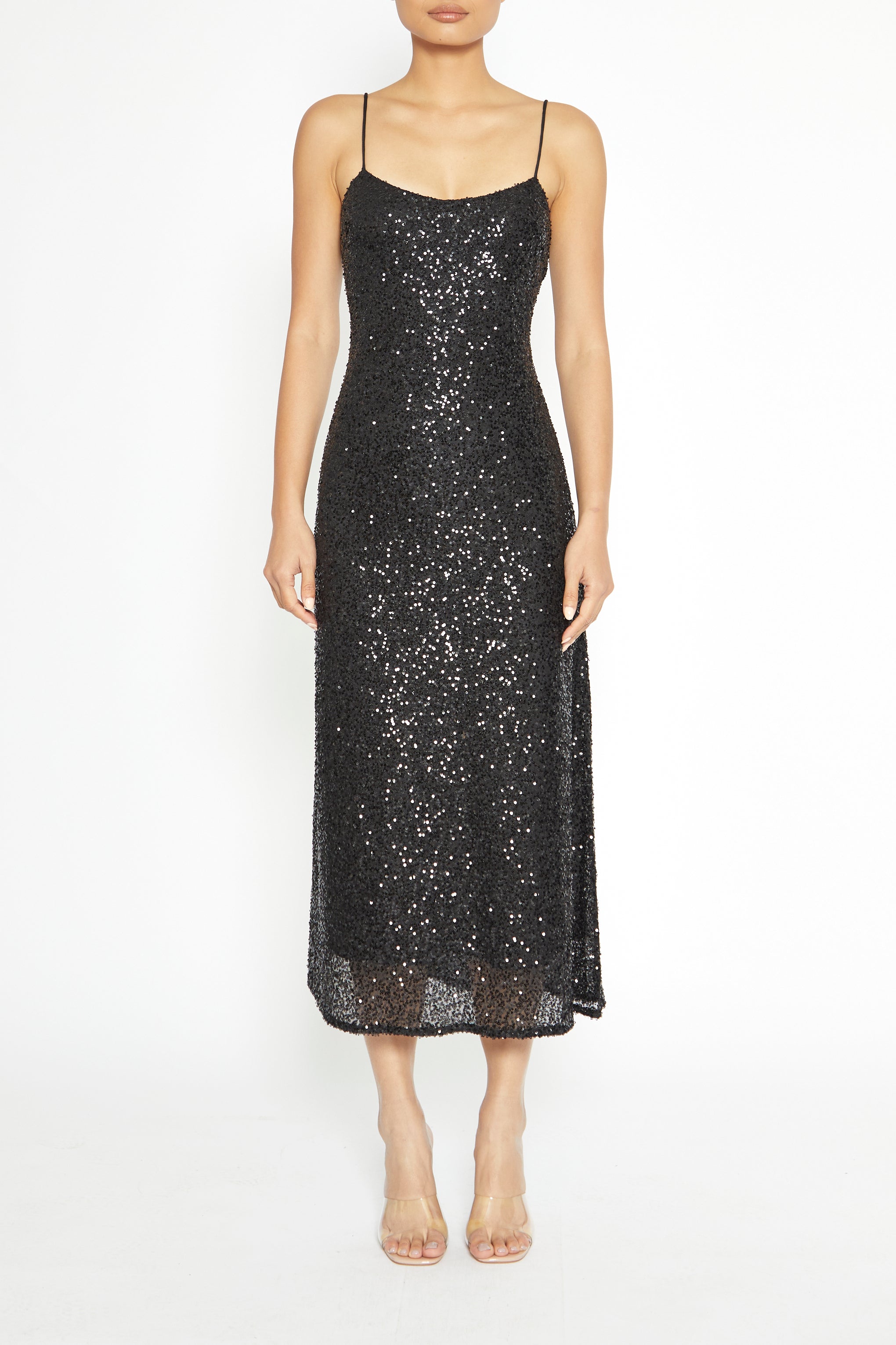 Iris Black Sequin Midi Slip Dress