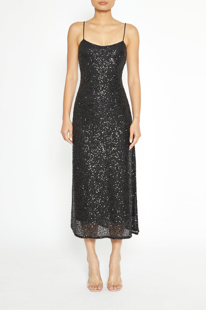 Iris Black Sequin Midi Slip Dress