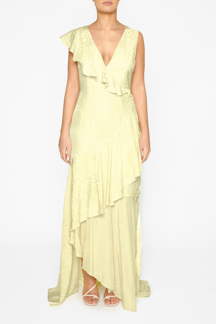 Abigail Pale-Yellow Asymmetric Ruffle Maxi-Dress