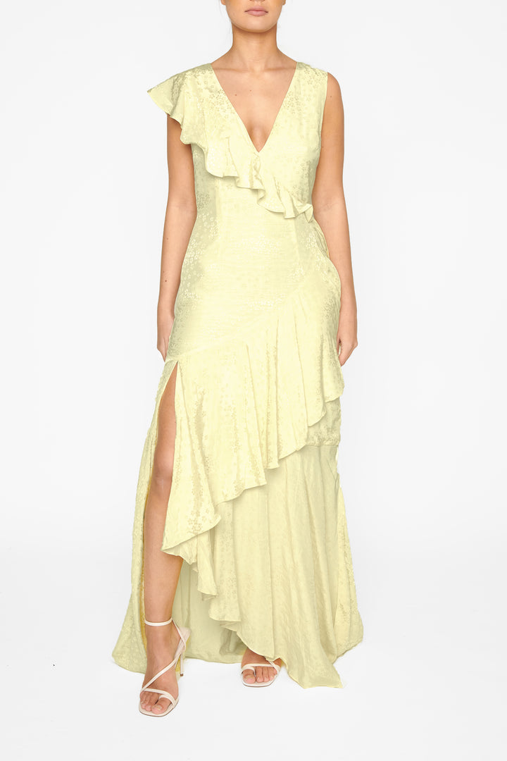 Abigail Pale-Yellow Asymmetric Ruffle Maxi-Dress