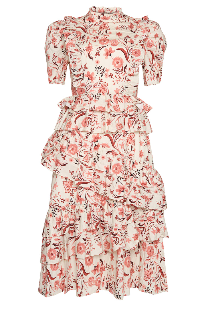 Delilah Cream-Rust-Floral Puff-Sleeve Midi-Dress