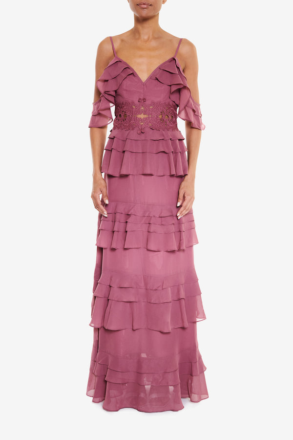 Olivia Wood-Rose Cold-Shoulder Tiered Ruffle Maxi-Dress