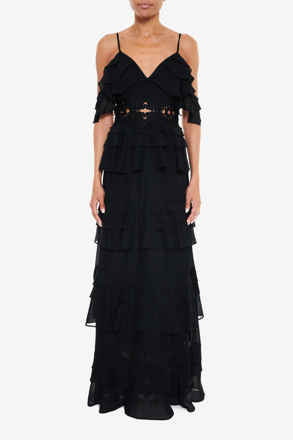Olivia Black Cold-Shoulder Tiered Ruffle Maxi-Dress