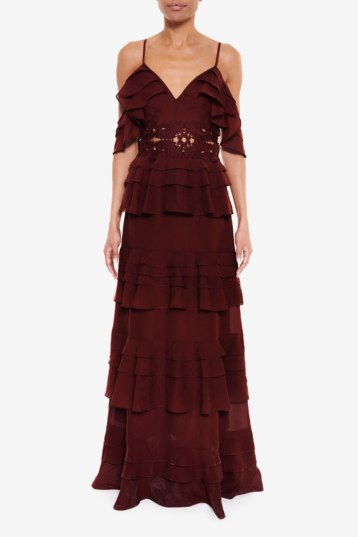 Olivia Burgundy Cold-Shoulder Tiered Ruffle Maxi-Dress