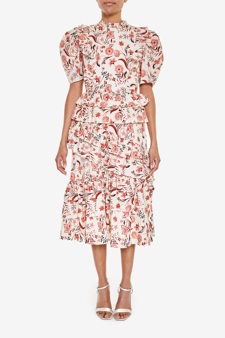 Delilah Cream-Rust-Floral Puff-Sleeve Midi-Dress