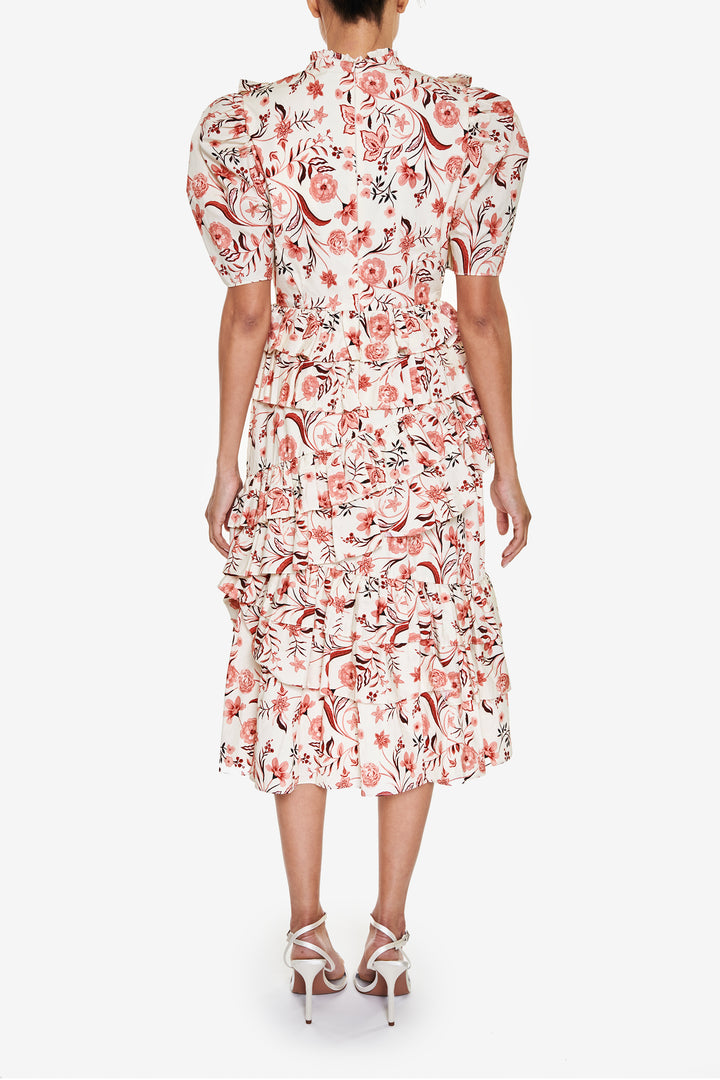 Delilah Cream-Rust-Floral Puff-Sleeve Midi-Dress