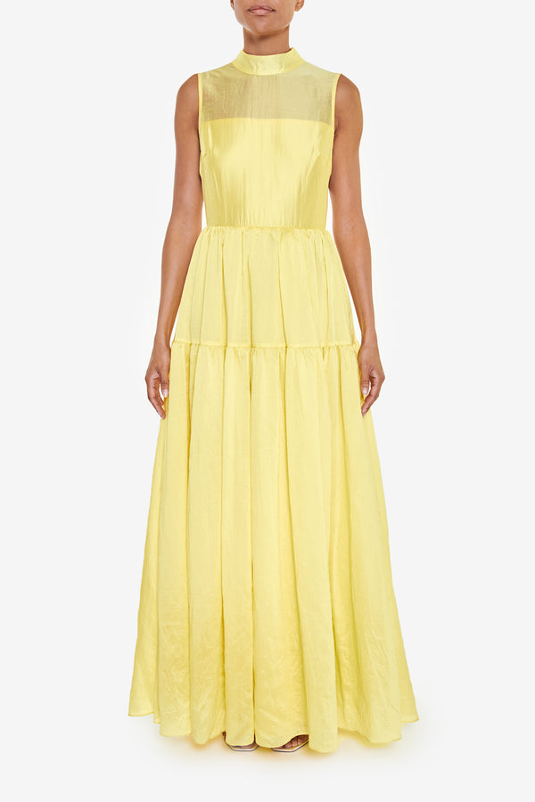 Julia Pale-Yellow High-Neck Full Skirt Maxi-Dress