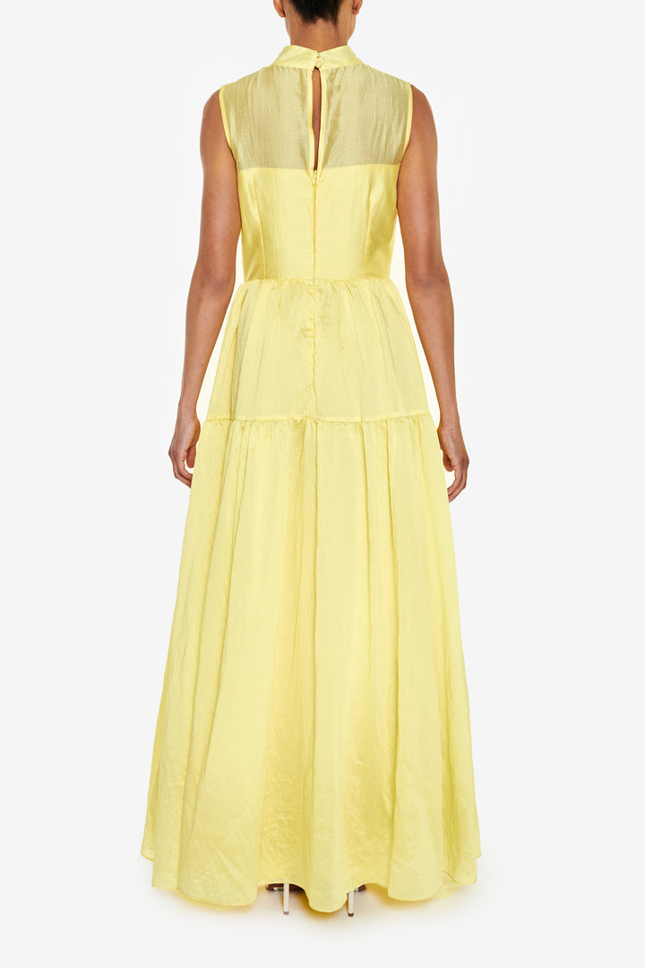 Julia Pale-Yellow High-Neck Full Skirt Maxi-Dress
