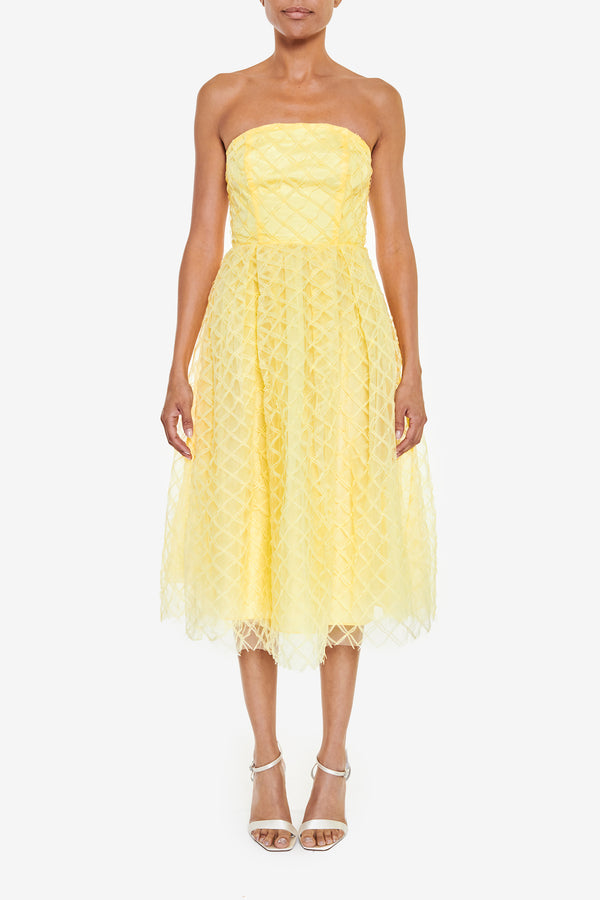 Pale Yellow 3D Tulle Strapless Midi Dress