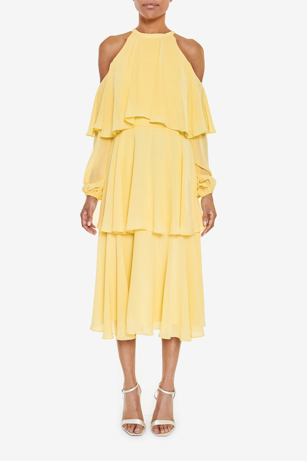 Pale Yellow Cold Shoulder Midi Dress
