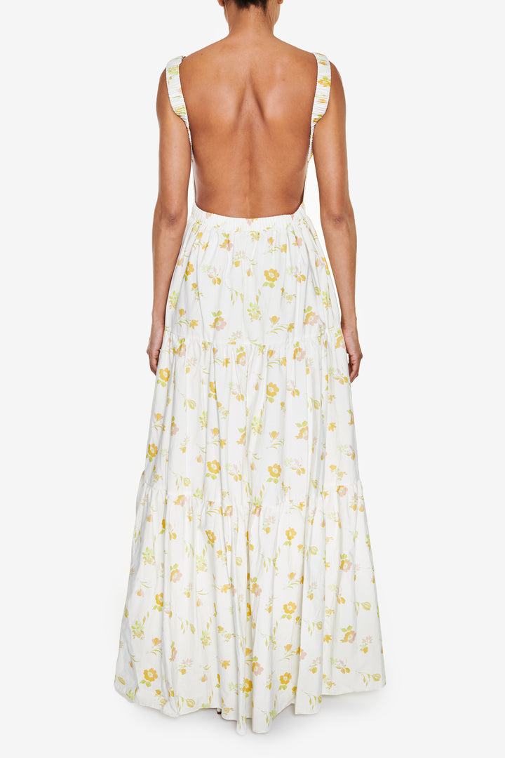 Lorna Cream Yellow Floral Tiered Backless Maxi Dress 