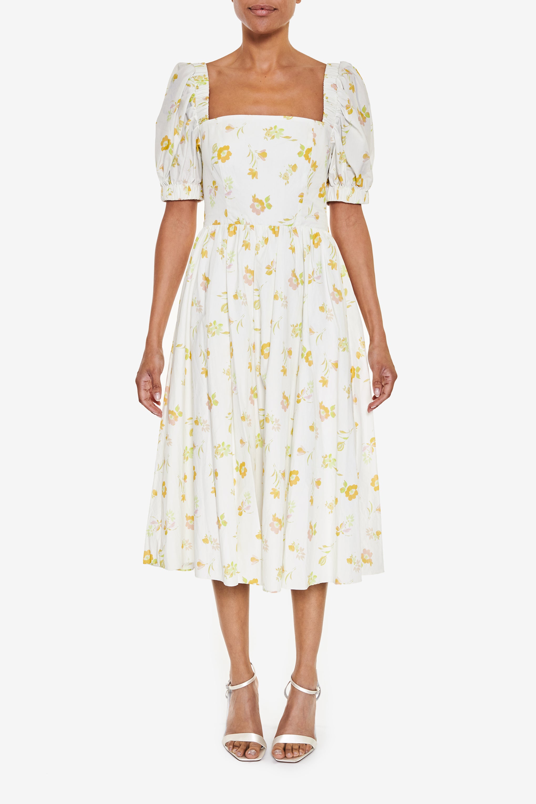 Stella Cream-Yellow-Floral Open Cross-Back Puff-Sleeve Midi-Dress Stella Cream-Yellow-Floral Open Cross-Back Puff-Sleeve Midi-Dress