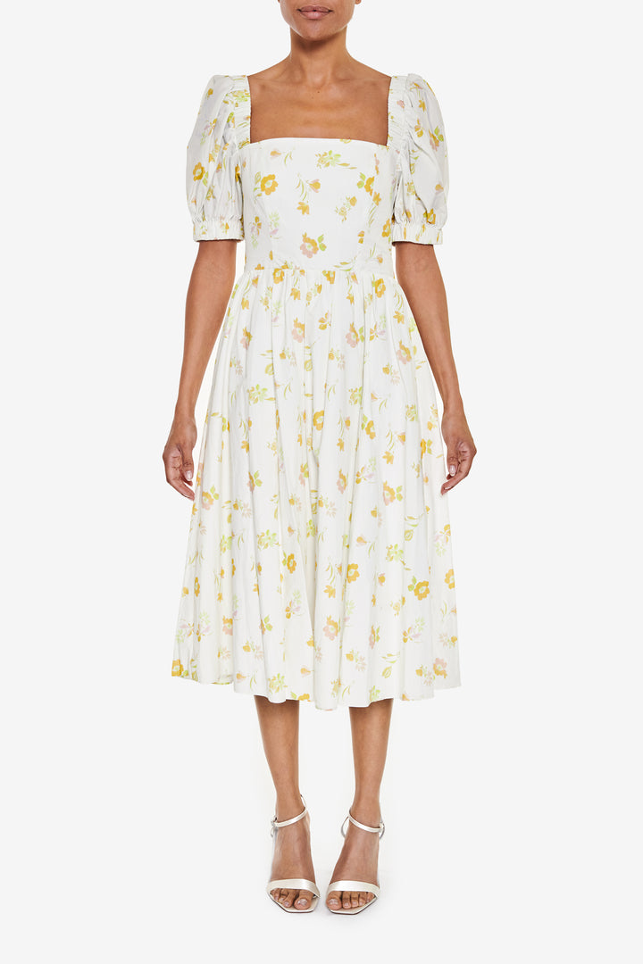 Stella Cream-Yellow-Floral Open Cross-Back Puff-Sleeve Midi-Dress - True Decadence Stella Cream-Yellow-Floral Open Cross-Back Puff-Sleeve Midi-Dress - True Decadence