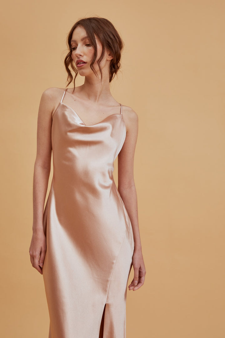 Pippa Champagne Satin Bridesmaid Cowl-Neck Slip Dress